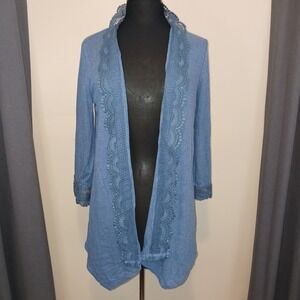 Greige Blue Crochet Lace Trim Open Front 3/4 sleeve Cardigan long Sweater L